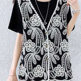 Heavy Embroidery Faux Two-Piece Crochet T-shirt