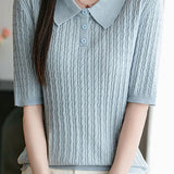 Lapel Half Placket Textured Short Sleeve Knit T-shirt