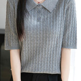 Lapel Half Placket Textured Short Sleeve Knit T-shirt