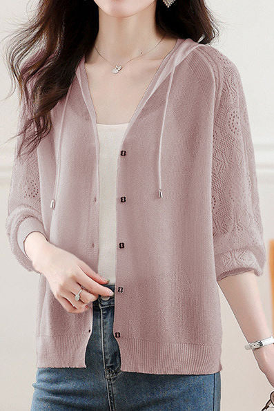 Hooded Open Front Long Sleeve Knit Cardigan - liwisi