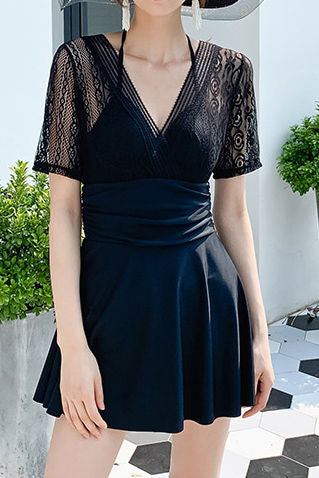 V-neck halter tie skirt one-piece swimsuit - liwisi