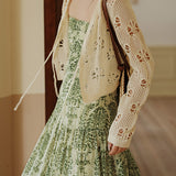 Bohemian floral camisole dress with hollow knit cardigan set