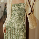 Bohemian floral camisole dress with hollow knit cardigan set