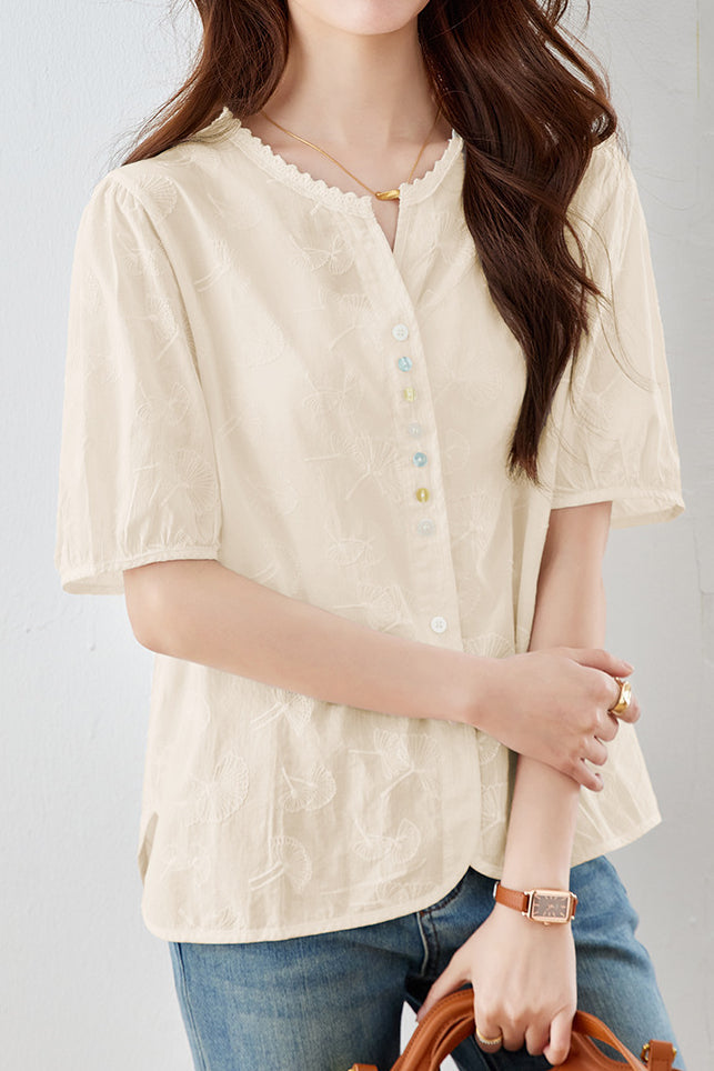 Lace trim embroidered top - liwisi