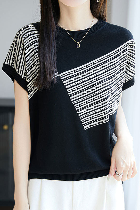 Round neck color block knit T-shirt - liwisi