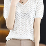 Hollow solid color knit T-shirt