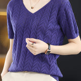 Hollow solid color knit T-shirt