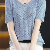 Hollow solid color knit T-shirt