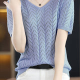 Hollow solid color knit T-shirt