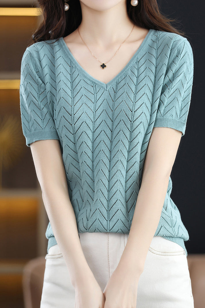 Hollow solid color knit T-shirt - liwisi