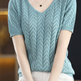 Hollow solid color knit T-shirt
