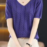 Hollow solid color knit T-shirt