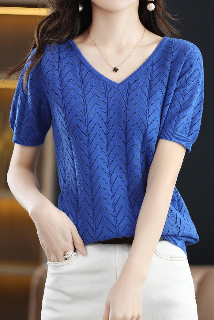 Hollow solid color knit T-shirt - liwisi