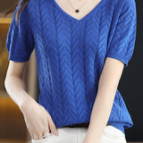 Hollow solid color knit T-shirt