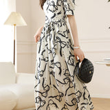 V-neck bow tie printed dress