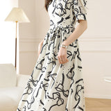 V-neck bow tie printed dress