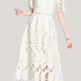 Heavily embroidered water-soluble lace mid-length solid color gown