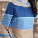Three-quarter sleeve round neck colorful hollow knit top