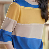 Three-quarter sleeve round neck colorful hollow knit top