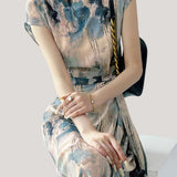 Half-stand collar ink wash printed dress