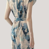 Half-stand collar ink wash printed dress