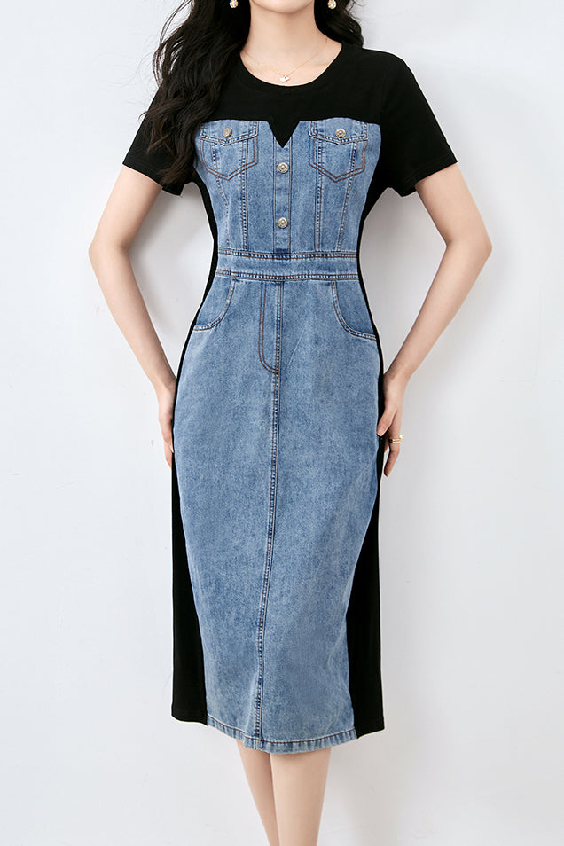Spliced faux two-piece denim dress liwisi Spliced faux two-piece denim dress liwisi