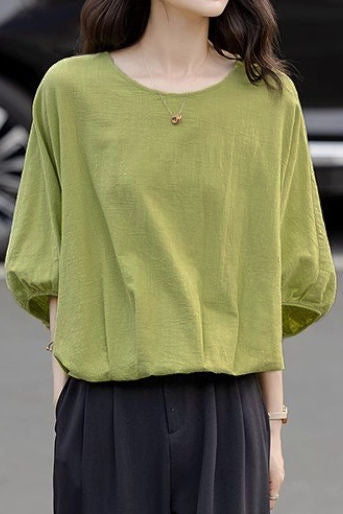 Round neck batwing sleeve loose shirt with elastic hem - liwisi