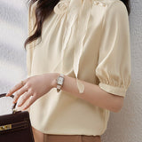 Spliced bow tie short sleeve satin shirt