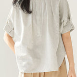 Elegant stand collar striped short sleeve shirt