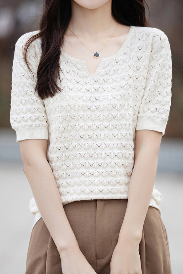 Casual elegant crochet knit T-shirt - liwisi