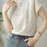 Lace collar hollow jacquard knit T-shirt