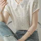 Lace collar hollow jacquard knit T-shirt