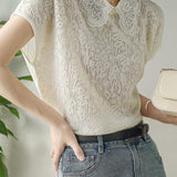 Lace collar hollow jacquard knit T-shirt