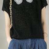 Lace collar hollow jacquard knit T-shirt