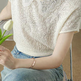 Lace collar hollow jacquard knit T-shirt