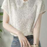 Lace collar hollow jacquard knit T-shirt