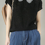 Lace collar hollow jacquard knit T-shirt