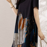 Asymmetrical spliced double-layer abstract print short sleeve mid-length dress