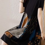 Asymmetrical spliced double-layer abstract print short sleeve mid-length dress