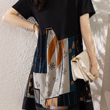 Asymmetrical spliced double-layer abstract print short sleeve mid-length dress