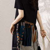 Asymmetrical spliced double-layer abstract print short sleeve mid-length dress