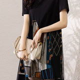 Asymmetrical spliced double-layer abstract print short sleeve mid-length dress