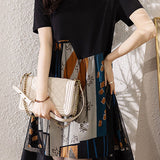 Asymmetrical spliced double-layer abstract print short sleeve mid-length dress