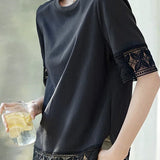 Hollow lace solid color T-shirt