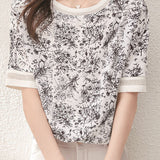 Ink wash printed drop shoulder spliced T-shirt