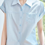 Solid color lace spliced collared shirt