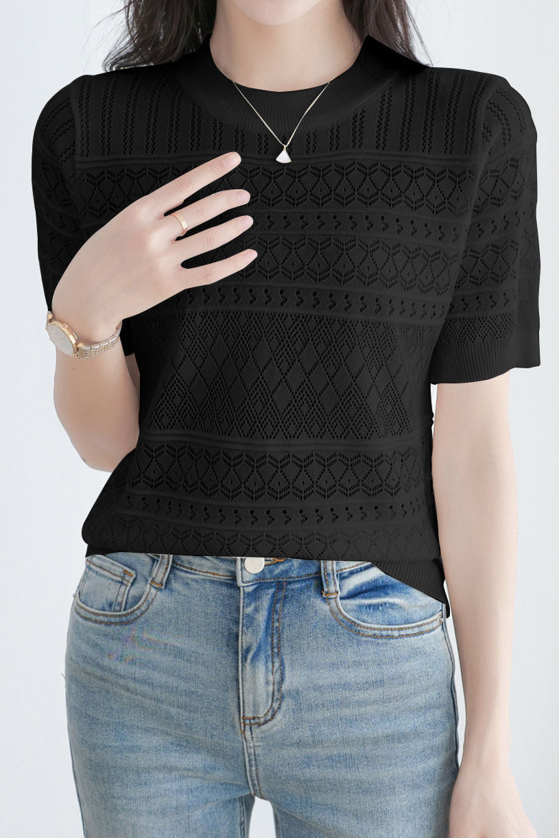 Round neck short sleeve hollow thin knit top - liwisi