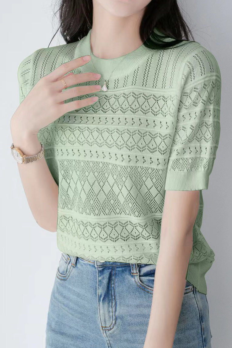 Round neck short sleeve hollow thin knit top - liwisi