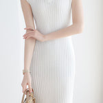V-neck cap sleeve fitted dress with side slits in ribbed knit - liwisi