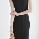 V-neck cap sleeve fitted dress with side slits in ribbed knit - liwisi